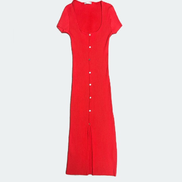 Zara Red Button-Front Ribbed Midi Dress - Picture 3 of 8